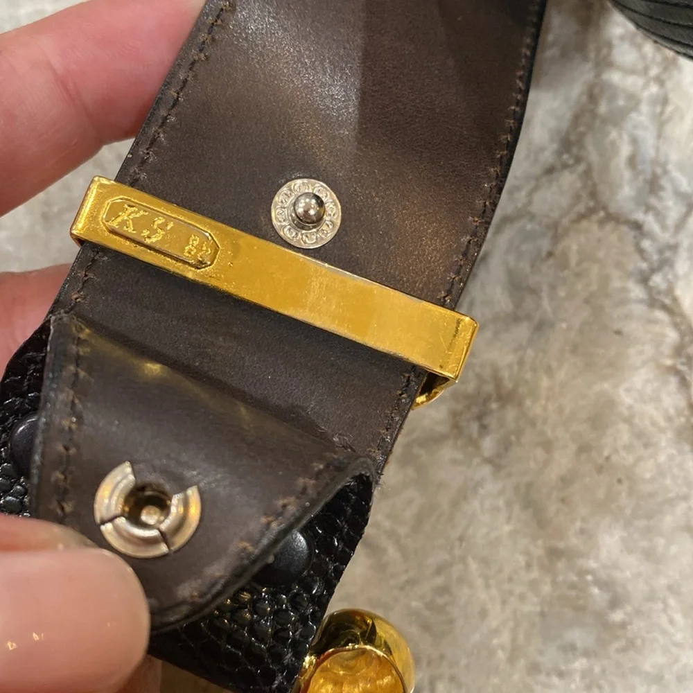 Kleinberg Sherrill Genuine Exotic Leather Belt w/ Gold Bubbly Buckle Detail 1988
